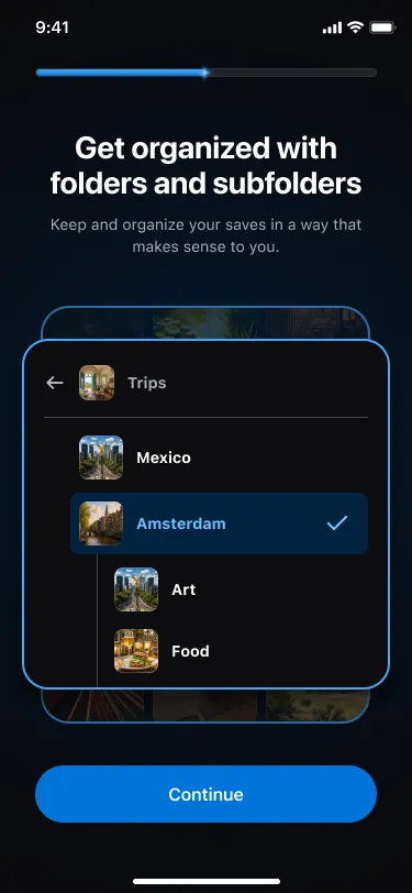 Faves onboarding screen showing folders and subfolders